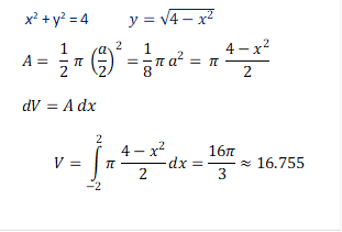     x2 + y2 = 4           y=√(4-x^2 )
   A=  1/2  π (a/2)^2=1/8 π a^2= π  (4-x^2)/2
   dV=A dx    
     V=∫_(-2)^2▒〖π  (4-x^2)/2 dx〗=16π/3≈16.755


