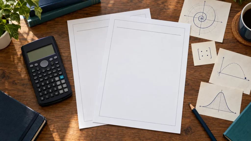Study desk with a scientific calculator, blank papers, polar plot, matrix and probability curve for Cambridge Further Mathematics revision