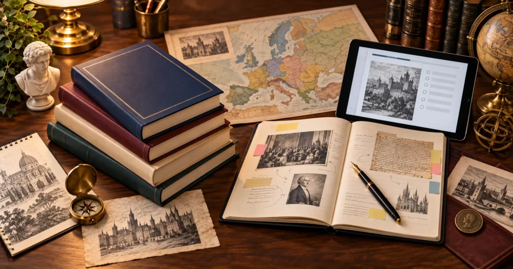 AP European History books, source analysis notes, and digital exam practice