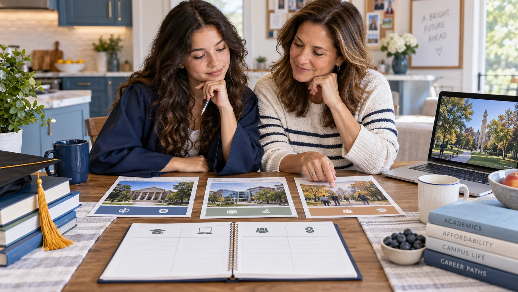 Prospective college student and parent comparing campus options and affordability at a table