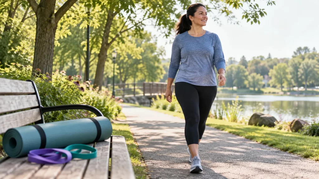 Adult walking in a park with an exercise mat and resistance bands for a sustainable fitness routine