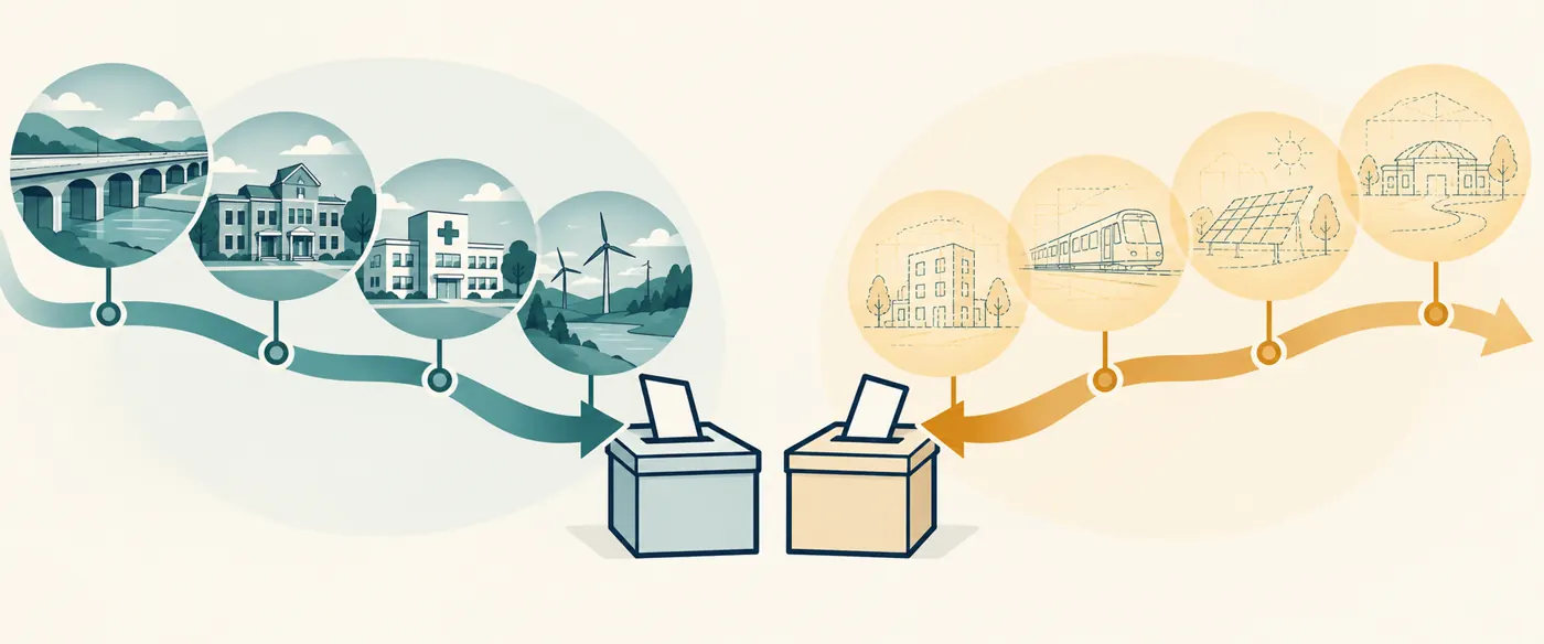Two decision pathways: past public outcomes inform one ballot, while projected plans inform another
