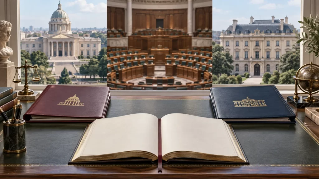 Illustration of a parliament chamber and two executive offices representing a semi-presidential government