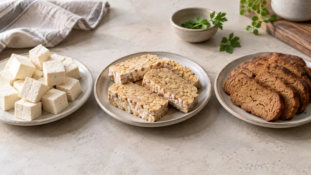 Separate plates of tofu cubes, sliced tempeh, and seitan on a kitchen table