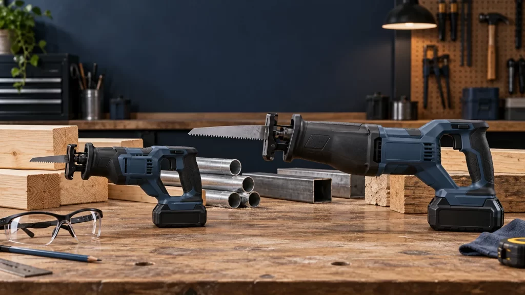 Compact and full-size cordless reciprocating saws on a workbench with protective glasses