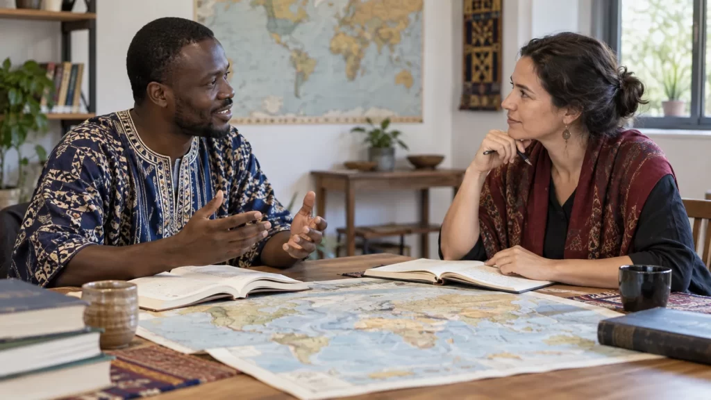 Two educators discuss maps and books across a classroom table