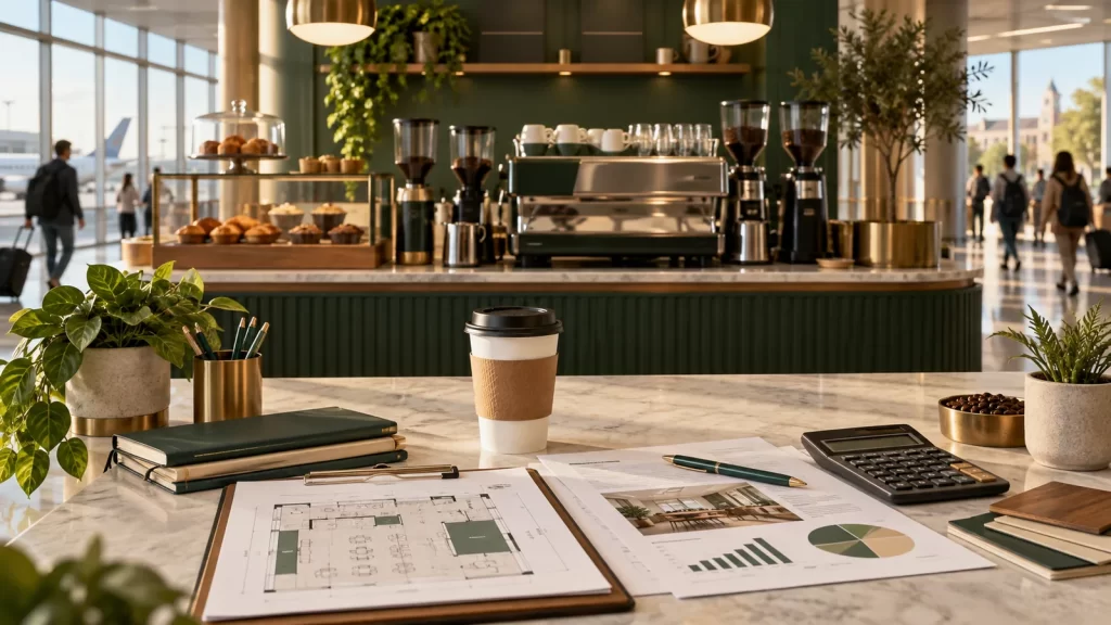 Licensed coffeehouse business concept with an unbranded café counter, planning documents, and location map