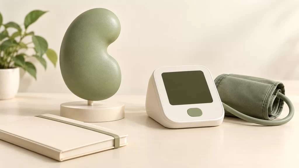 Sage-green kidney-shaped teaching model beside a blank-screen blood pressure monitor, cuff and closed notebook on a cream tabletop