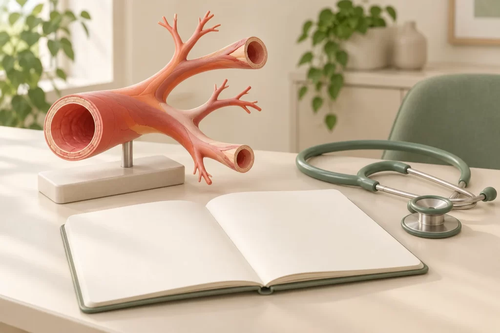 Illustration of a symbolic branching blood-vessel model, blank notebook and sage-green stethoscope on a cream consultation desk