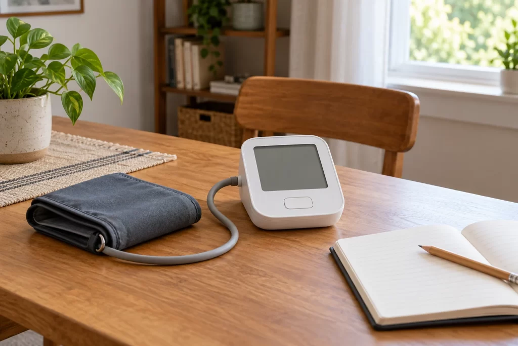 Blood-pressure monitor with a blank screen and arm cuff beside a notebook and pencil