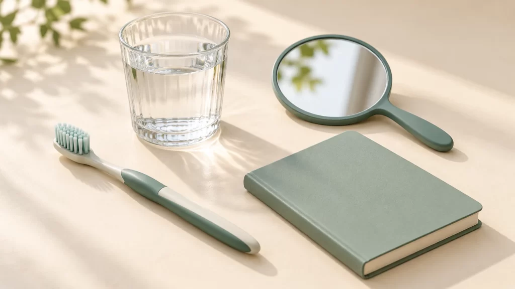 Soft-bristled toothbrush, glass of water, sage green handheld mirror and blank notebook on a cream surface