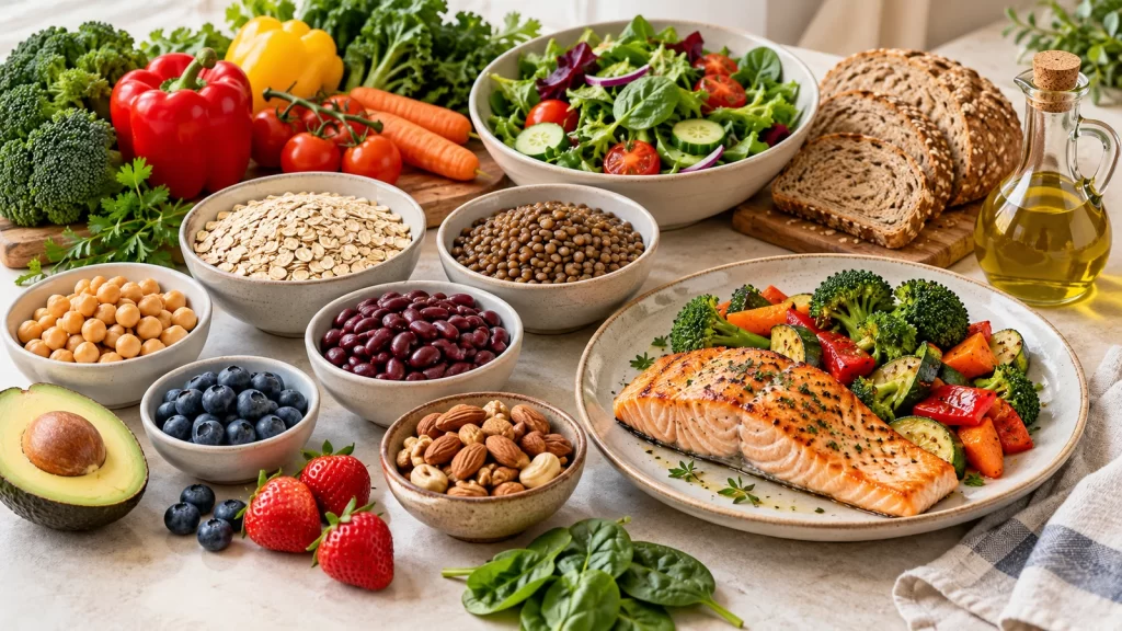 Salmon with vegetables, beans, lentils, oats, wholegrain bread, nuts, berries and olive oil arranged on a kitchen table