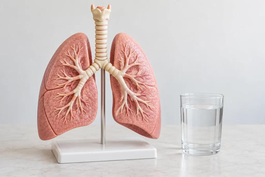 Anatomical model of the lungs and airways beside a glass of water