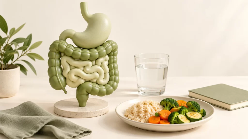 Sage-green digestive tract model beside a glass of water, a plate of rice and vegetables, and a closed notebook on a cream tabletop.