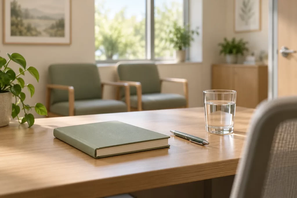 Notebook, pen and glass of water on a consultation desk, a conceptual digestive-care setting