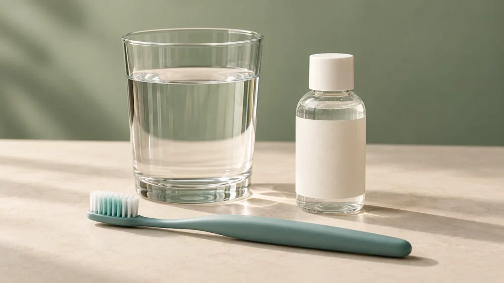 Glass of water, teal toothbrush and small unlabelled bottle on a cream surface against a sage-green background.
