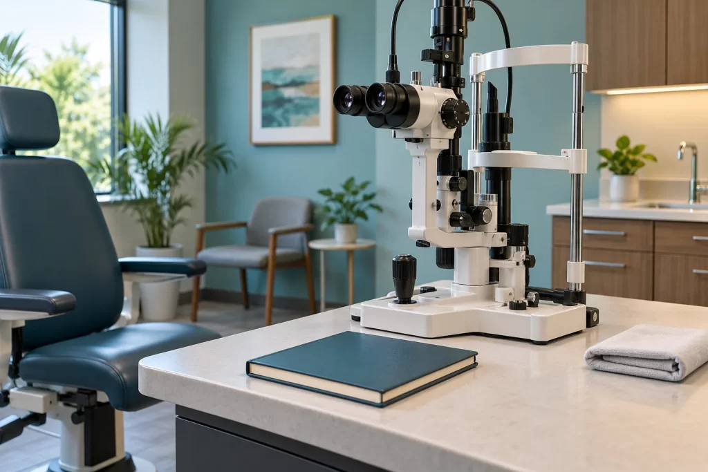 Eye examination instrument and notebook in a clinic, a conceptual illustration of professional eye care