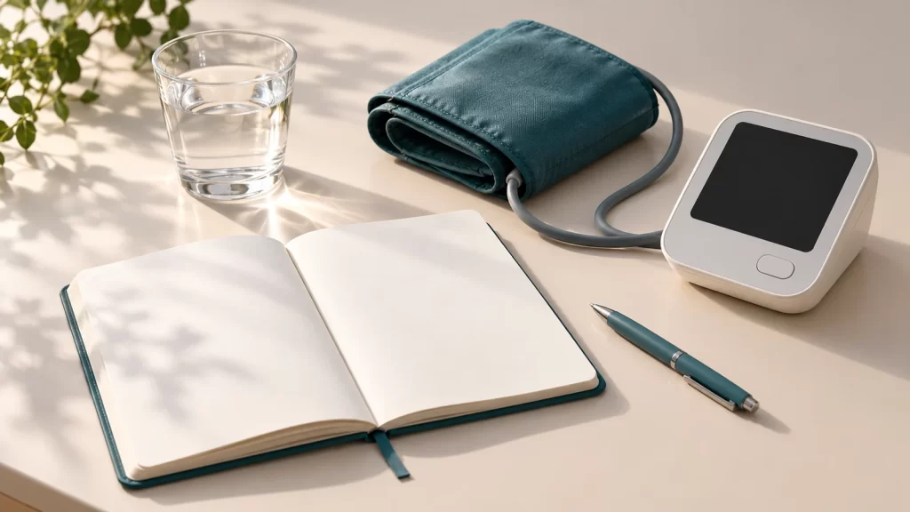 Blank notebook and pen beside a teal blood pressure cuff, monitor and glass of water on a cream desk