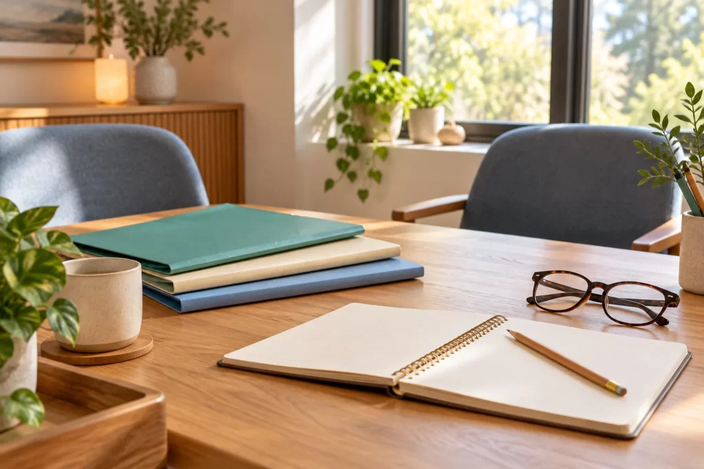 Plain document folders, open notebook, pencil and reading glasses on a table with two empty chairs