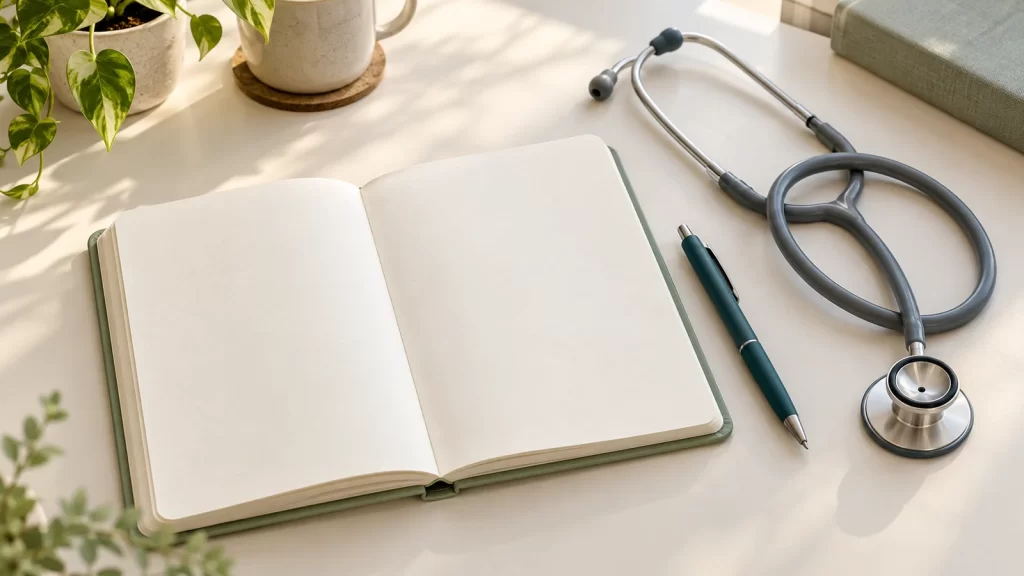 Blank notebook, teal pen and gray stethoscope on a sunlit cream desk.