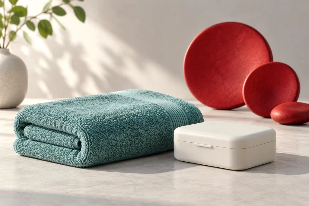 Folded teal towel and a plain white care case beside abstract red blood cell-inspired sculptures