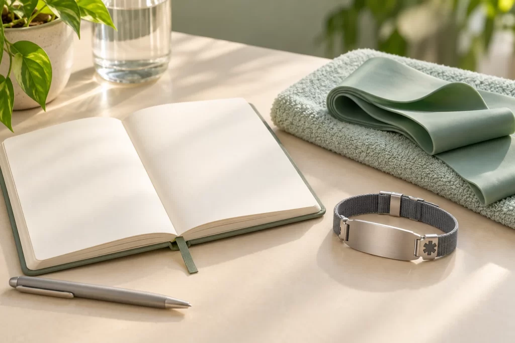 Blank care-planning notebook, medical identification bracelet, and soft exercise band with towel on a cream tabletop.