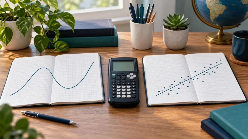 Two graph-paper notebooks with a curve and scatterplot beside a graphing calculator for IB mathematics course choice