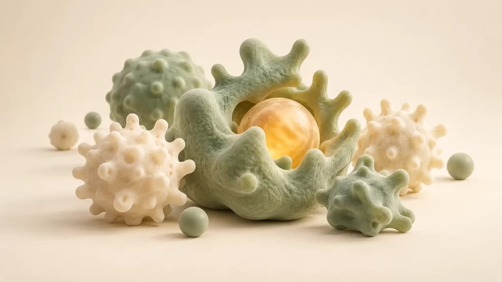 Conceptual 3D illustration of sage and cream immune-cell-inspired forms surrounding a warm amber sphere