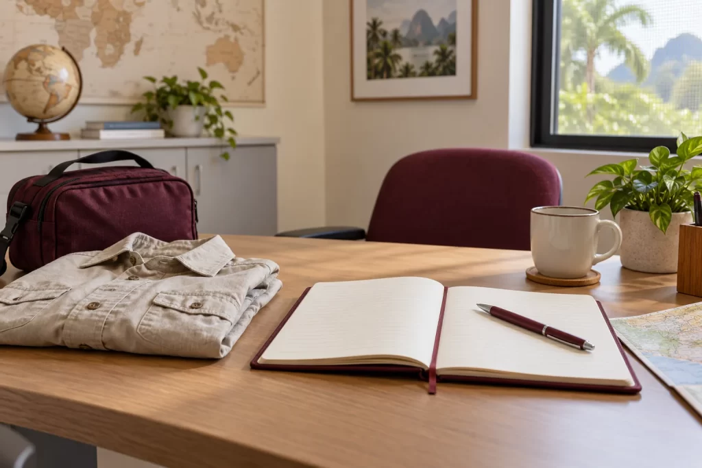 Open notebook, pen, folded shirt and travel bag on a consultation desk, a conceptual travel-planning image
