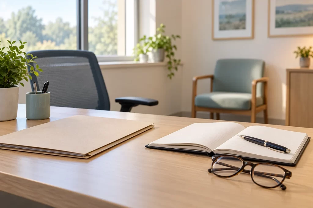 Folder, open notebook, pen and glasses on a desk in an empty consultation room