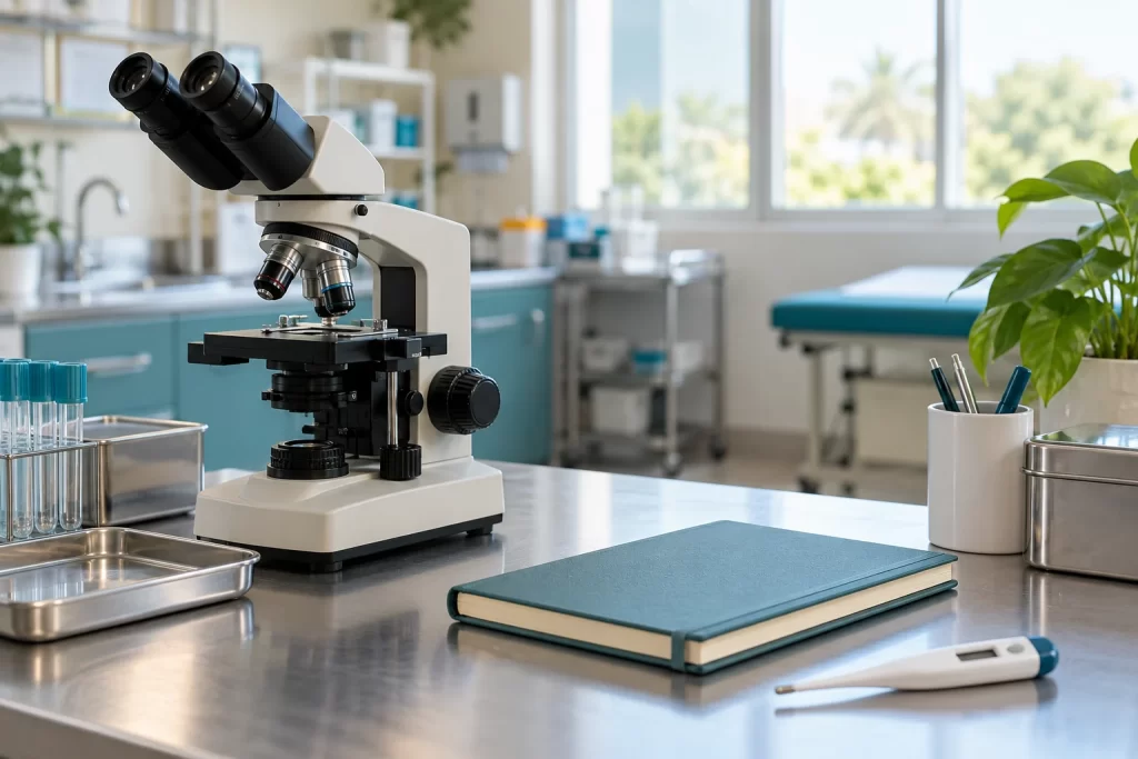 Microscope, notebook and thermometer in a clinic, a conceptual illustration of malaria assessment