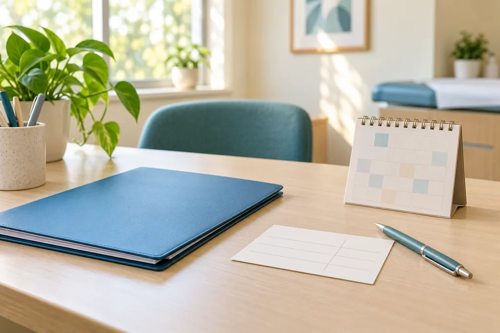 Blue folder, blank appointment card, pen and unmarked calendar on an empty consultation desk