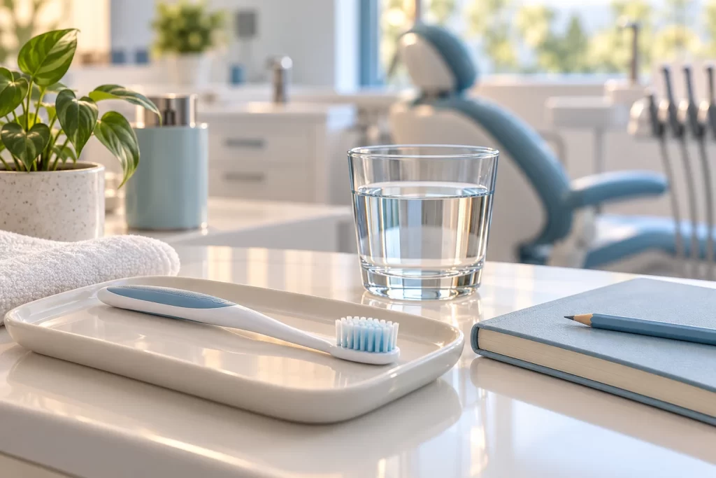 Soft toothbrush, water and a notebook in a dental clinic, a conceptual illustration of oral care