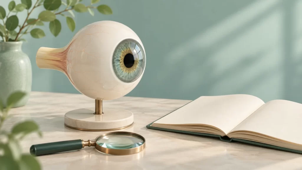 Conceptual eye model with an optic nerve stump on a stand beside an examination lens and an open blank notebook