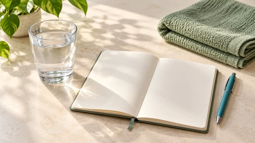 A glass of water beside an open blank journal, teal pen, and folded sage towel on a sunlit cream tabletop.