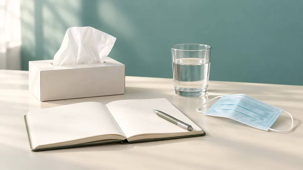 Tissue box, glass of water, blank notebook and pen, and a protective face mask on a cream desk against a soft teal background