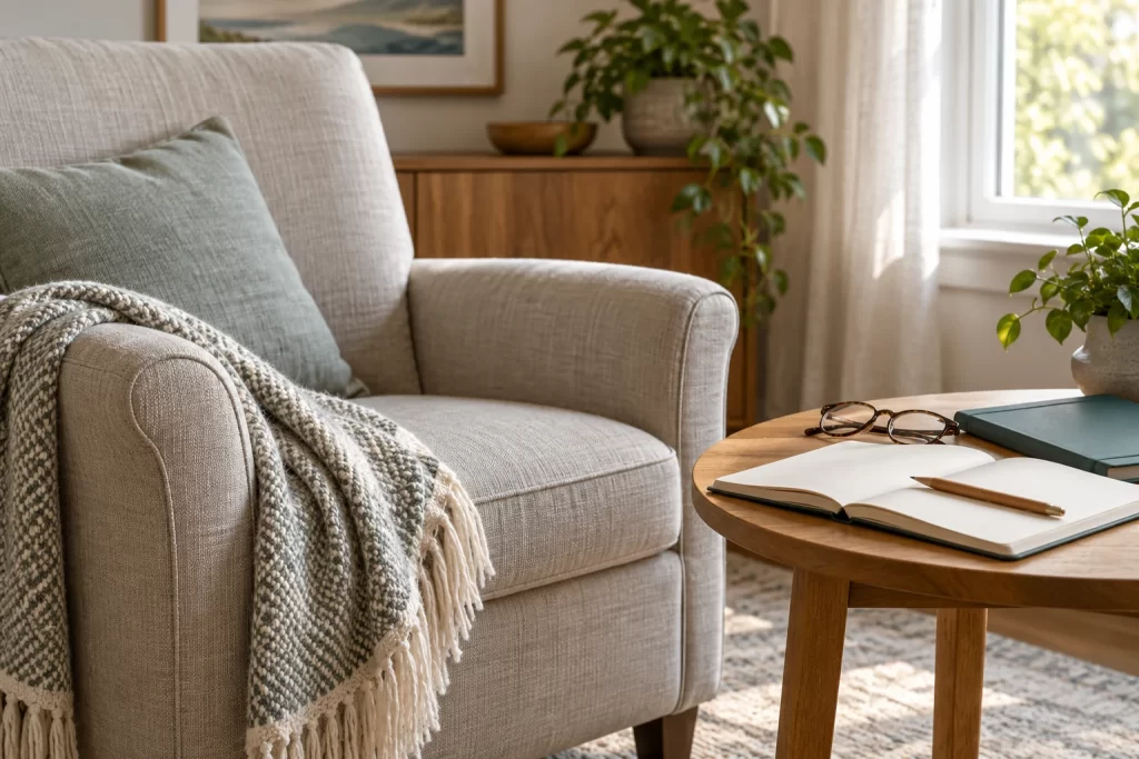 Empty armchair beside a table with an open notebook, pencil, reading glasses and a teal folder