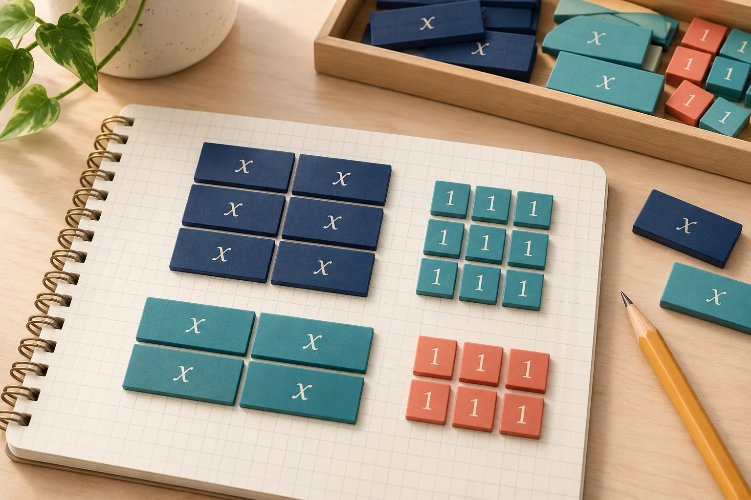 Navy and teal algebra tiles labeled x and 1 arranged on a grid-paper notebook beside a pencil