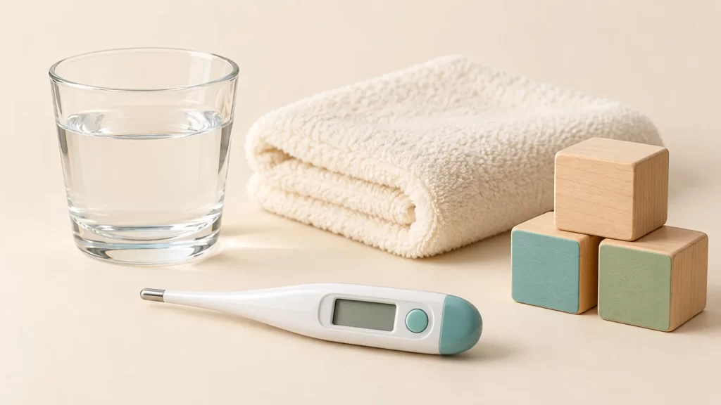 A blank-display digital thermometer, glass of water, folded cream towel, and three wooden blocks with teal and sage faces on a cream surface.