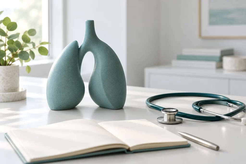 Teal lung-inspired ceramic sculpture beside a stethoscope and blank notebook on a sunlit desk