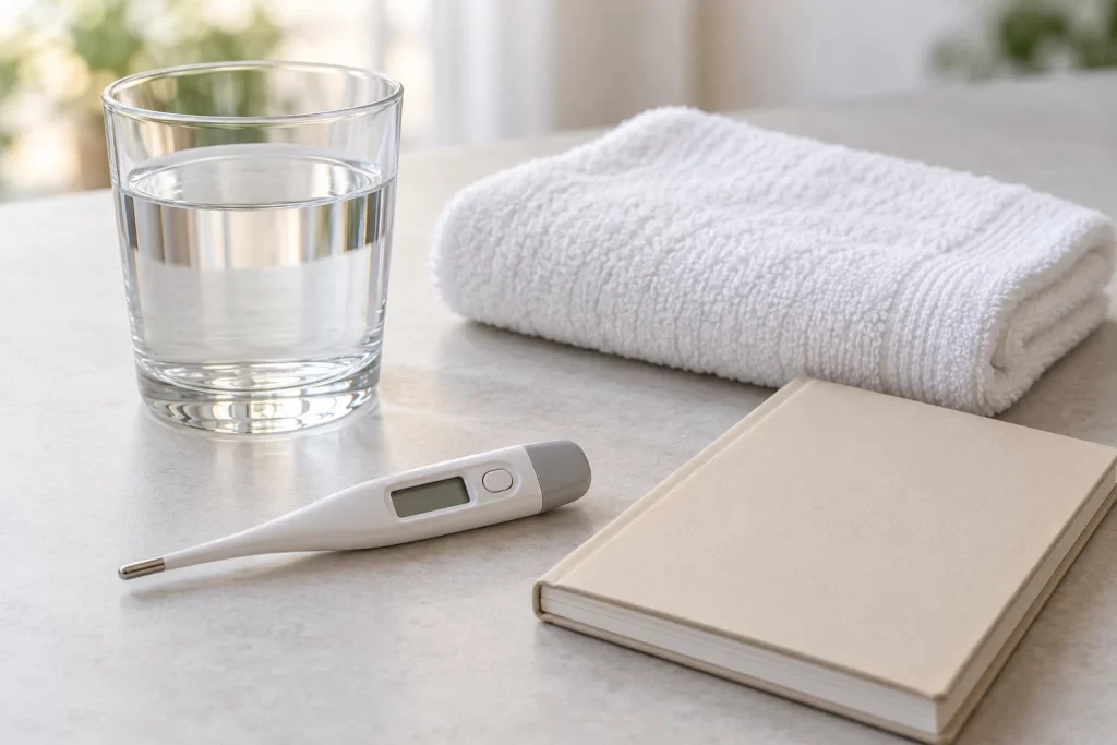Digital thermometer with a blank display beside a glass of water, folded white towel and plain notebook