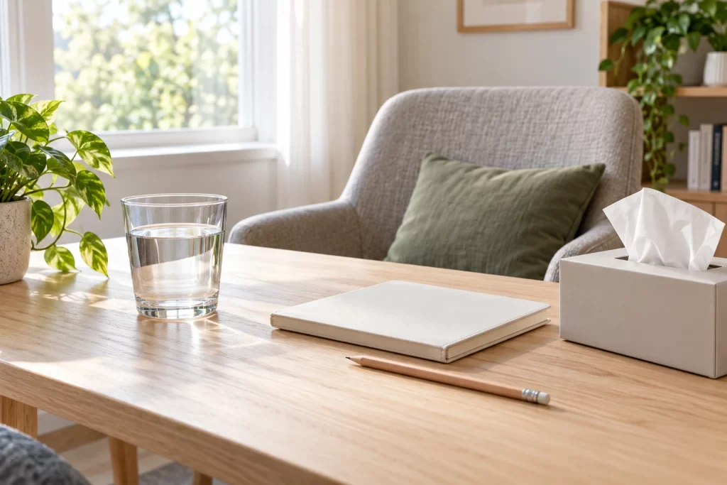 Glass of water, notebook, pencil and tissue box beside an empty chair