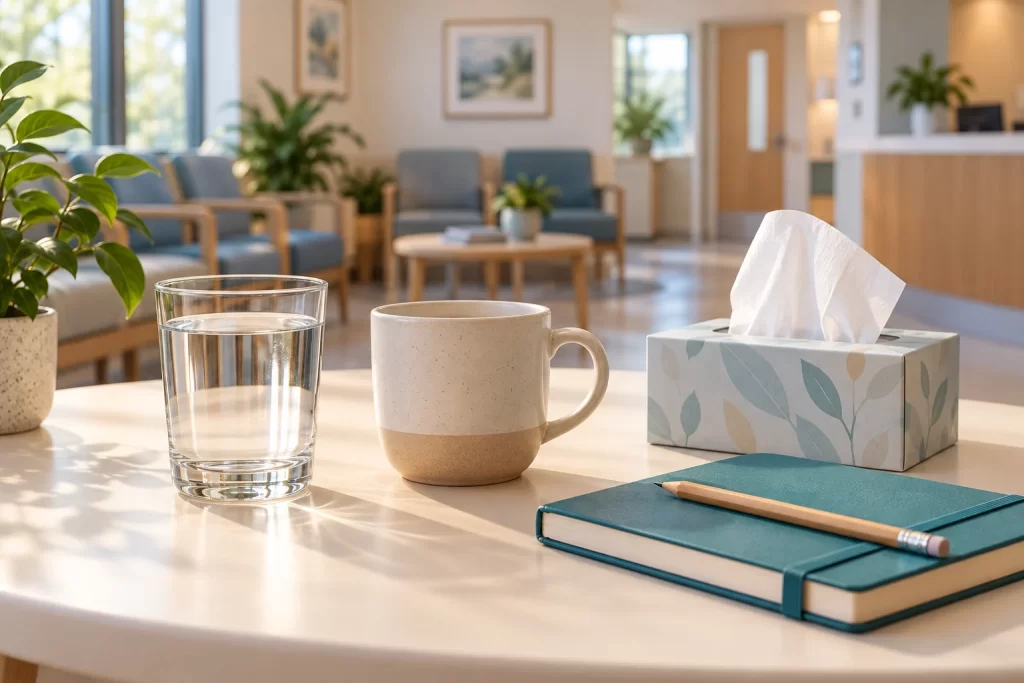 Water, a mug, tissues and a notebook in a quiet clinic, a conceptual illustration of tonsillitis care