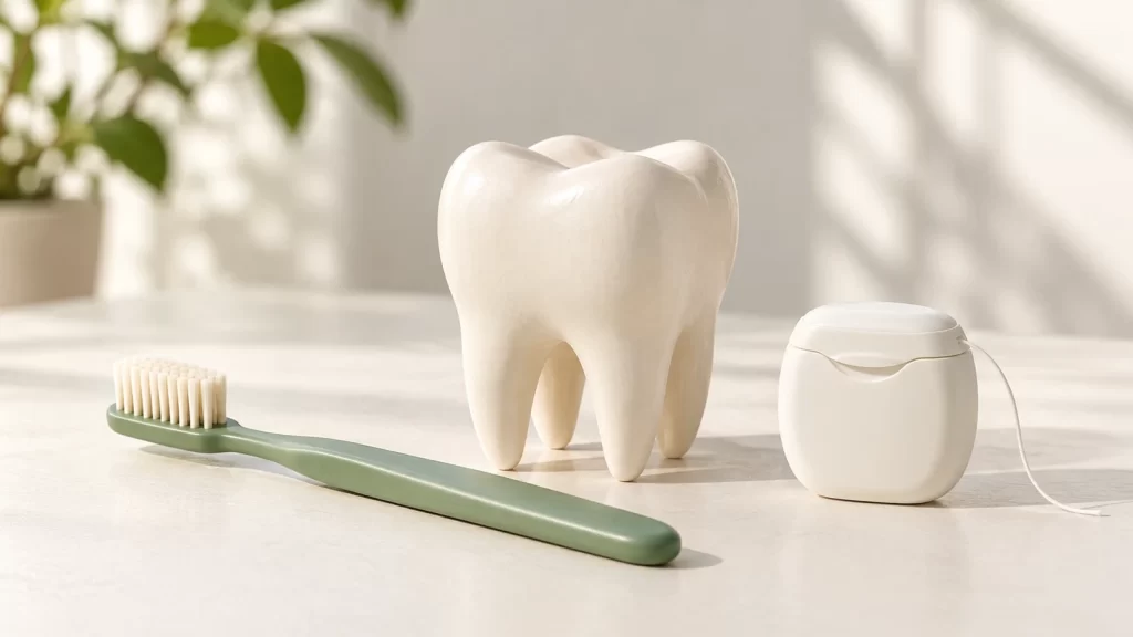 Cream tooth model beside a sage-green toothbrush and white dental floss case on a sunlit cream desk.