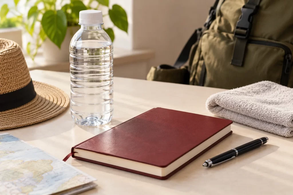 Capped water bottle, notebook, pen and travel items on a table, a conceptual travel-planning image