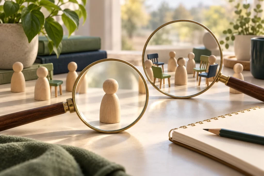 Wooden figures and magnifying lenses illustrating attention to a person and the surrounding social situation
