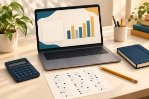 Laptop with an abstract bar chart beside a calculator, practice answer sheet, pencil and notebook on a cream desk.