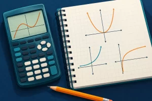 Graphing calculator beside a notebook with parabola, exponential and logarithmic graphs for Algebra 2 Regents practice.