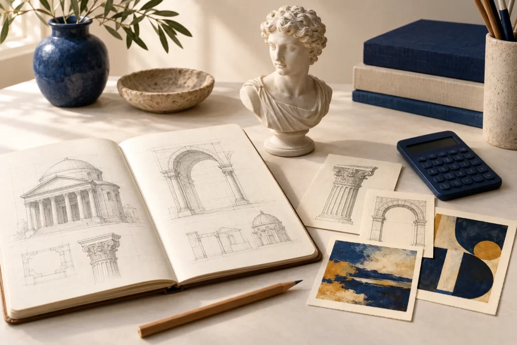 Art history study desk with architectural sketches, a classical bust, abstract art cards, pencil, and calculator.