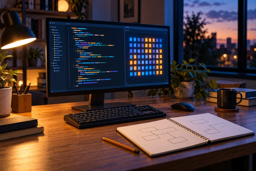 Evening programming study desk with abstract code and an array grid on a monitor, a notebook of connected diagram boxes, and warm lamplight.